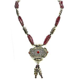 28" Vintage Tibetan Garnet Prayer Box Necklace—Gilt Gau with Multi-Strand Beads